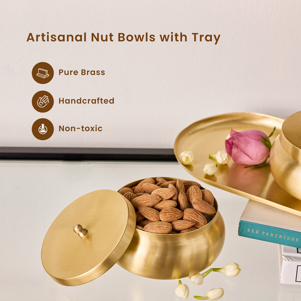 Brass Dry Fruit Bowls with Tray | Set of 3 | Wedding Gifts