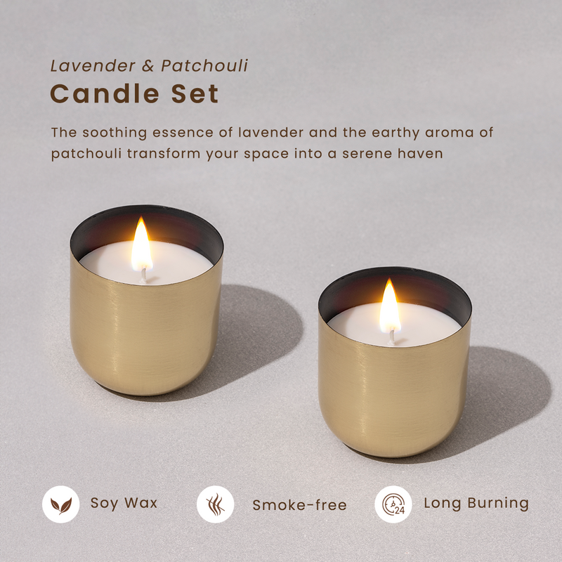 Brass Soy Wax Candles | Set of 2 | Lavender & Patchouli |  Gift Box