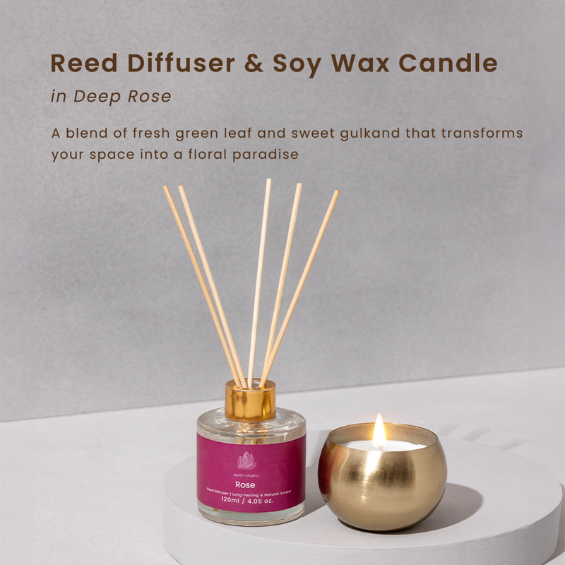 Rose Reed Diffuser & Brass Candle | Set of 2 | Aromatherapy Gift Box | Diwali Gift Hamper