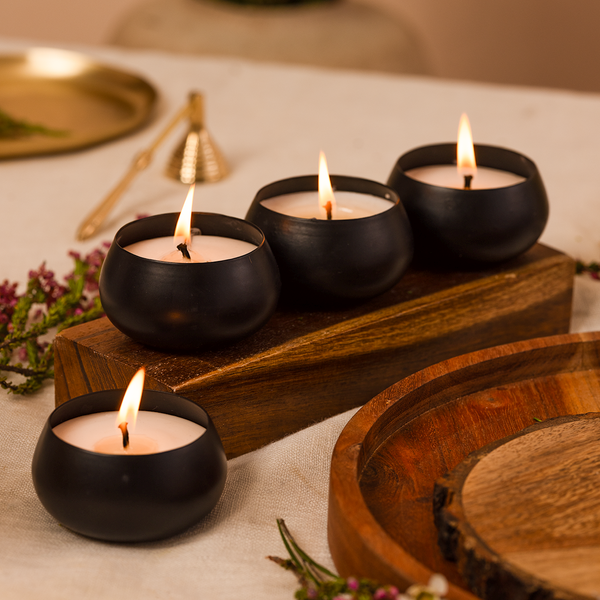 Black Metal Tea Lights | Set of 6 | Vanilla | Soy Wax Candles | Diwali Box