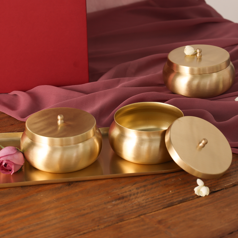 Brass Dry Fruit Bowls with Tray | Set of 3 | Wedding Gifts