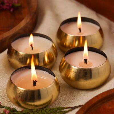 Gold Metal Tea Lights | Set of 4 | Vanilla | Soy Wax Candles | Gift Box