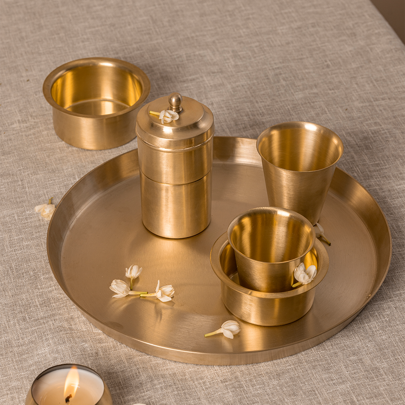 Brass Filter Coffee & Dabara Set | Gold | Set of 3 | Diwali Gift Box