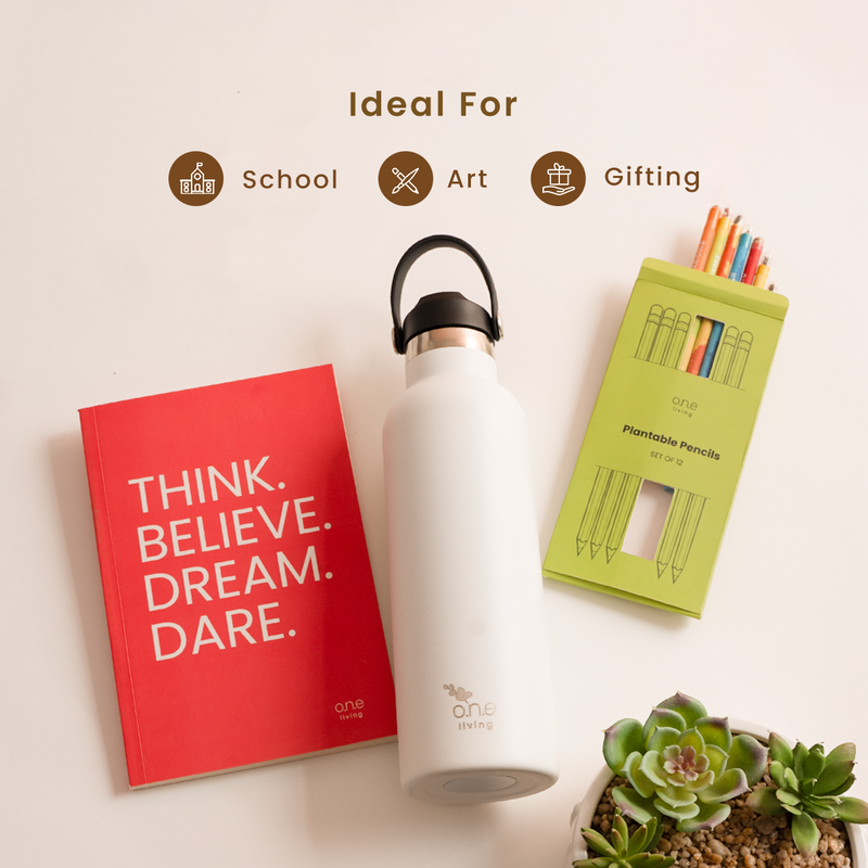 Red Softbound Diary with Plantable Pencils & White Sports Bottle