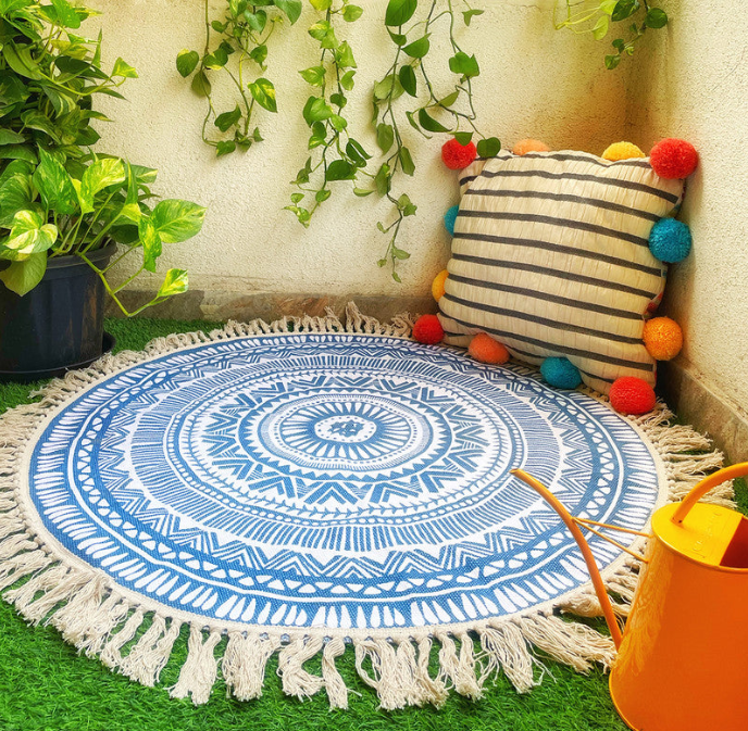 Cotton Meditation Mat | Boho Rug | Blue.