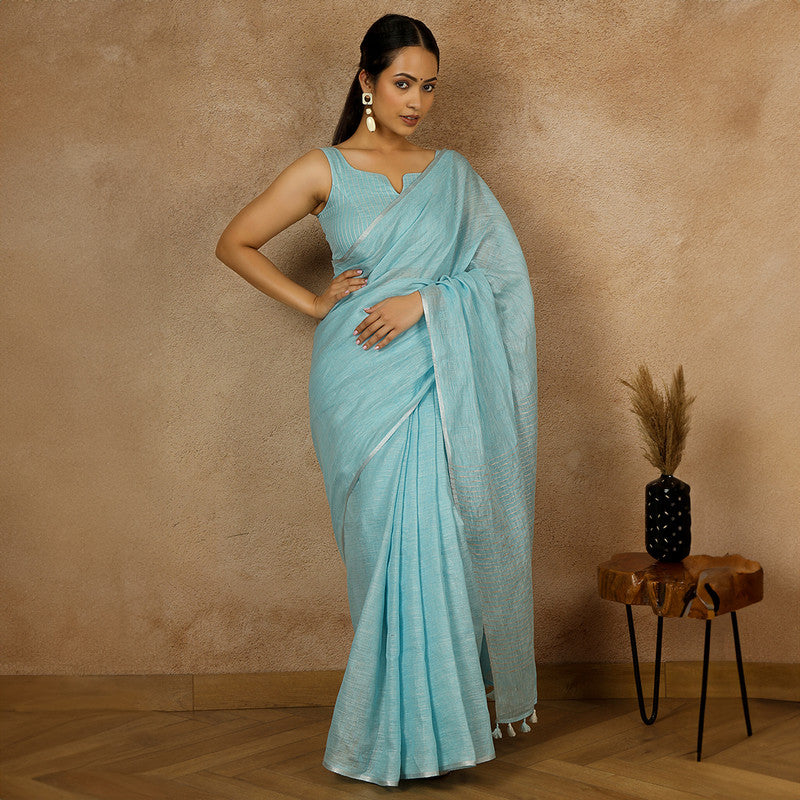 Pure Linen Saree | Tasselled | Sky Blue