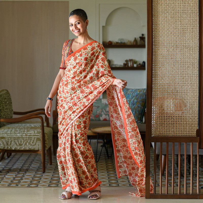 Pure Cotton Saree | Floral Printed | Red & Orange