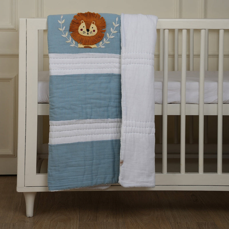 Organic Cotton Baby Bedding Set | Cot Sheet & Blanket | Pillow & Bolsters | Lion Design | Blue & White | Set of 5.