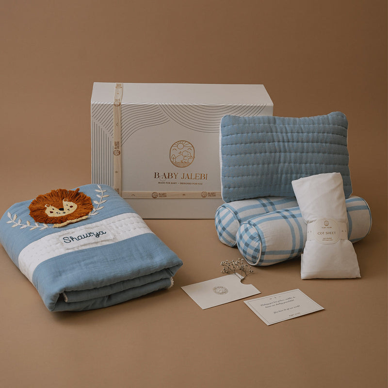 Organic Cotton Baby Bedding Set | Cot Sheet & Blanket | Pillow & Bolsters | Lion Design | Blue & White | Set of 5.