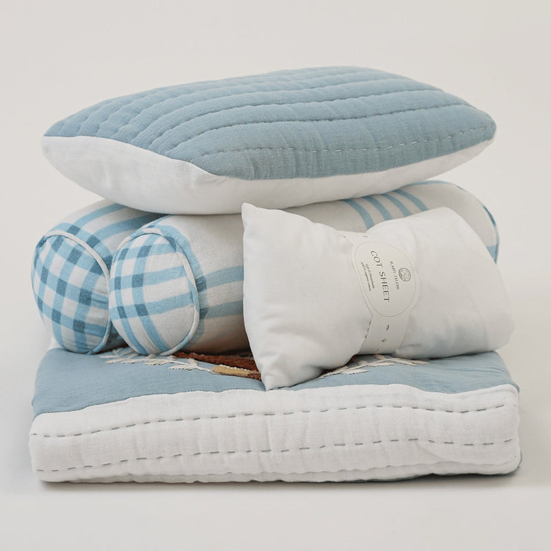 Organic Cotton Baby Bedding Set | Cot Sheet & Blanket | Pillow & Bolsters | Lion Design | Blue & White | Set of 5.