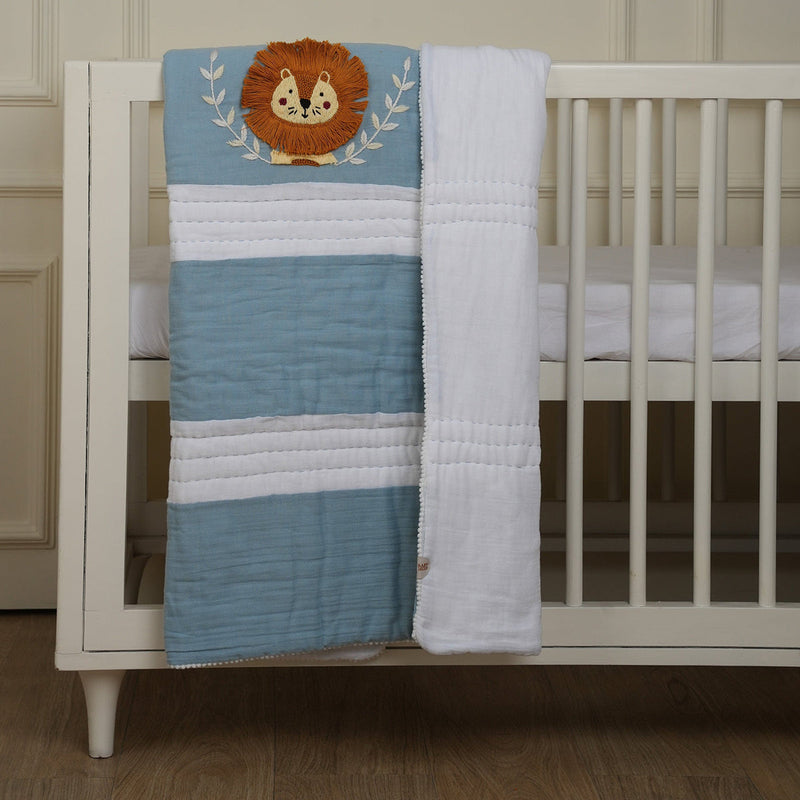 Organic Cotton Baby Bedding Set | Cot Bumper & Sheet | Baby Blanket | Pillow & Bolsters | Blue & White | Set of 6.