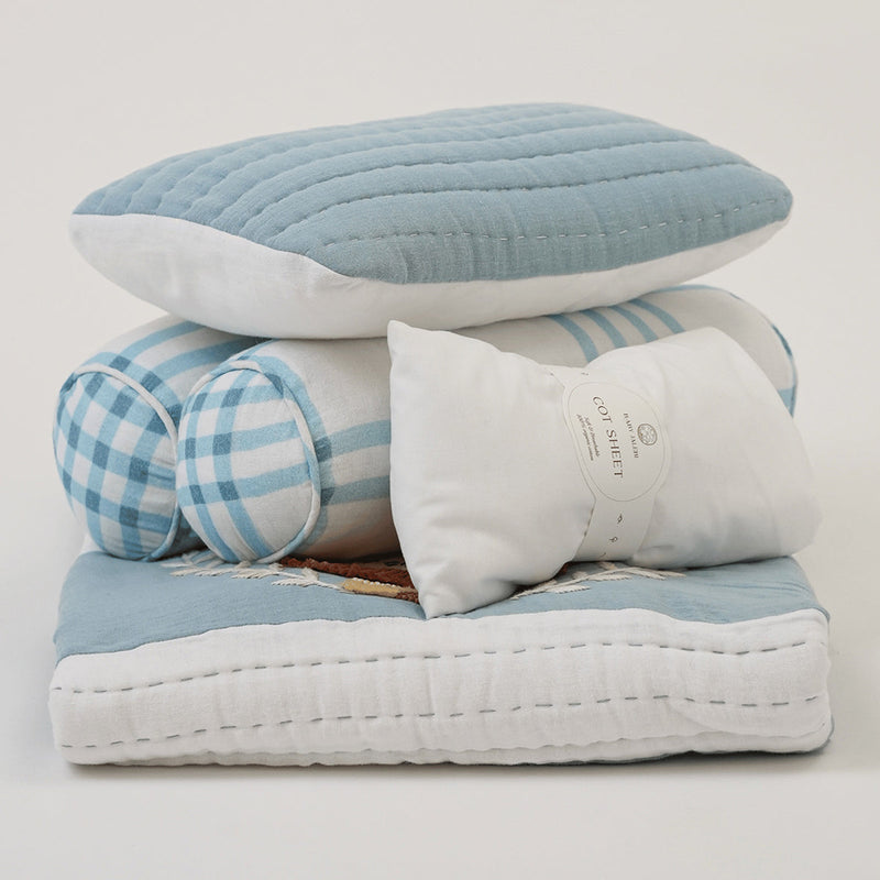 Organic Cotton Baby Bedding Set | Cot Bumper & Sheet | Baby Blanket | Pillow & Bolsters | Blue & White | Set of 6.