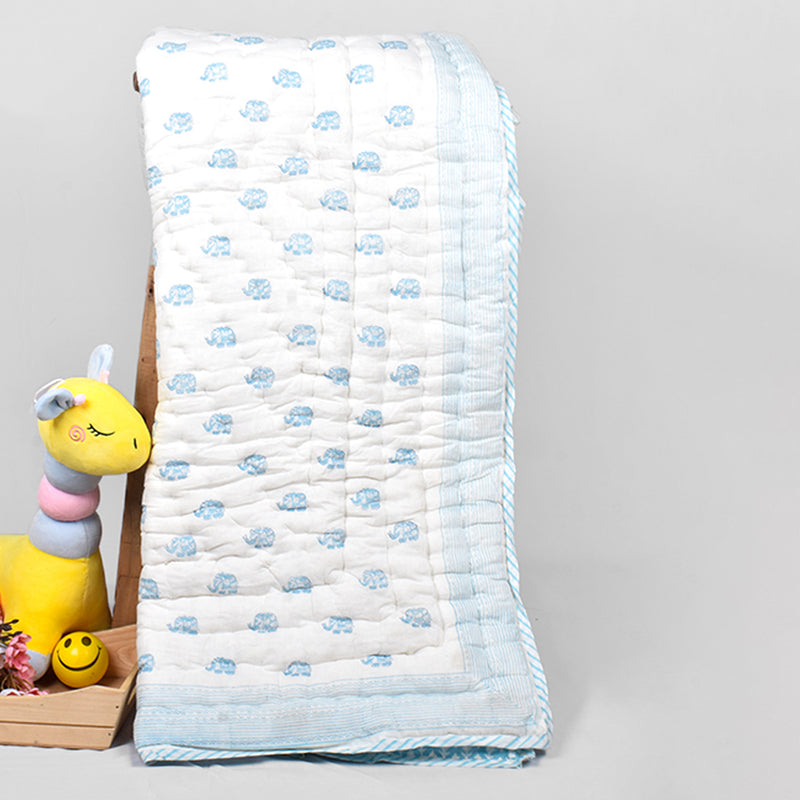 Organic Cotton Baby Quilt | Elephant Print | Blue