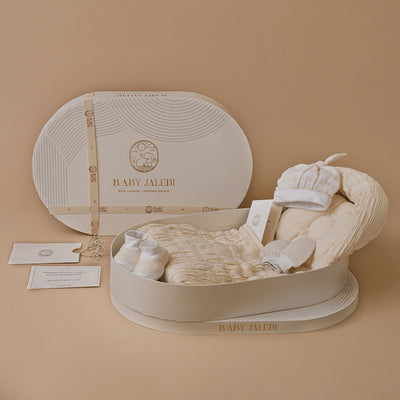 Baby Gift Set | Cap Mittens Booties Set | Baby Sleeping Bag | Solid | Beige | Set of 4.