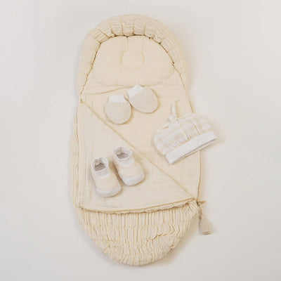 Baby Gift Set | Cap Mittens Booties Set | Baby Sleeping Bag | Solid | Beige | Set of 4.