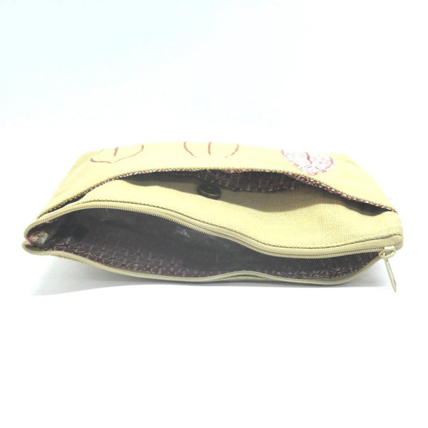 Cotton Canvas Pouch Bag | Embroidered & Patchwork | Beige