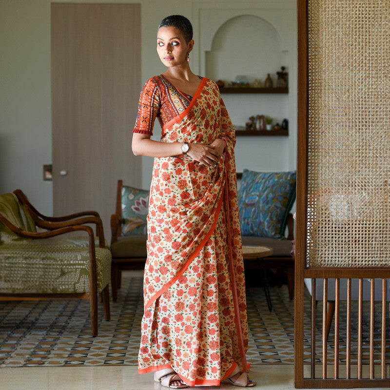 Pure Cotton Saree | Floral Printed | Red & Orange