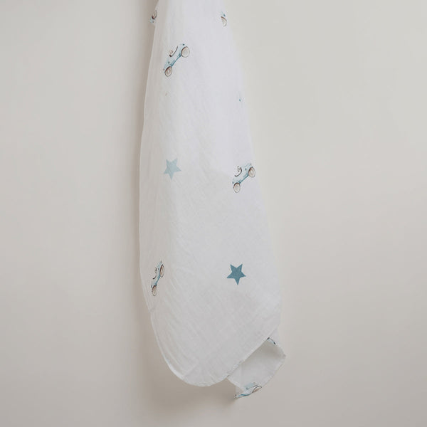 Organic Cotton Baby Swaddle | Car Design & Striped | Blue & White | 120 x 120 cm | Set of 2.