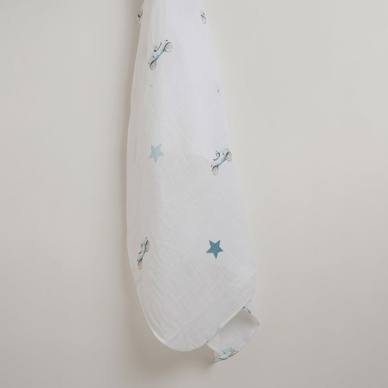 Organic Cotton Baby Swaddle | Car Design & Striped | Blue & White | 120 x 120 cm | Set of 2.