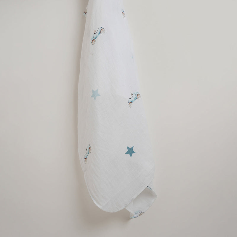 Organic Cotton Baby Swaddle | Car Design & Striped | Blue & White | 120 x 120 cm | Set of 2.