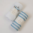 Organic Cotton Baby Swaddle | Car Design & Striped | Blue & White | 120 x 120 cm | Set of 2.