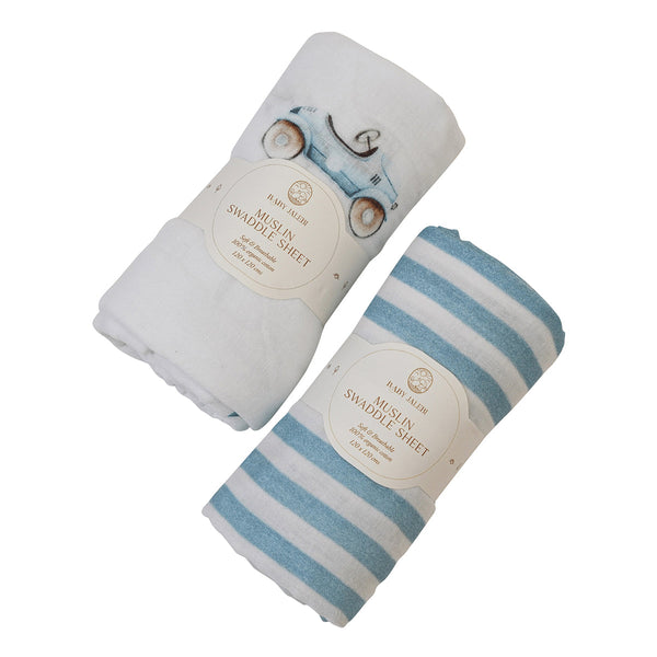 Organic Cotton Baby Swaddle | Car Design & Striped | Blue & White | 120 x 120 cm | Set of 2.