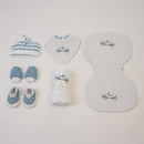 Newborn Baby Gifts | Bib & Burp Cloths | Baby Swaddle | Cap Mittens Booties Set | Blue & White | Set of 6.