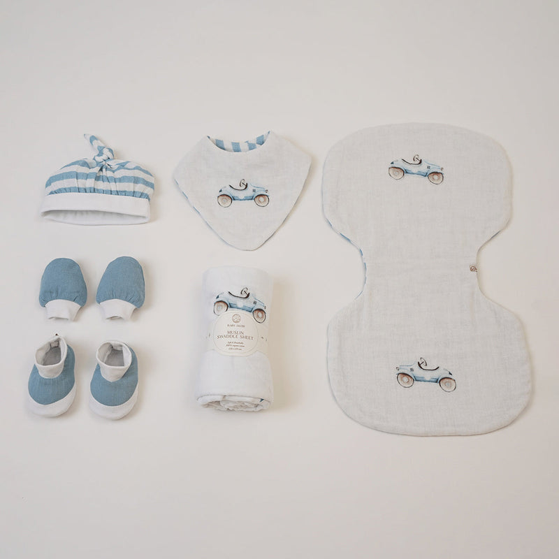 Newborn Baby Gifts | Bib & Burp Cloths | Baby Swaddle | Cap Mittens Booties Set | Blue & White | Set of 6.