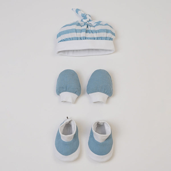 Newborn Baby Gifts | Bib & Burp Cloths | Baby Swaddle | Cap Mittens Booties Set | Blue & White | Set of 6.