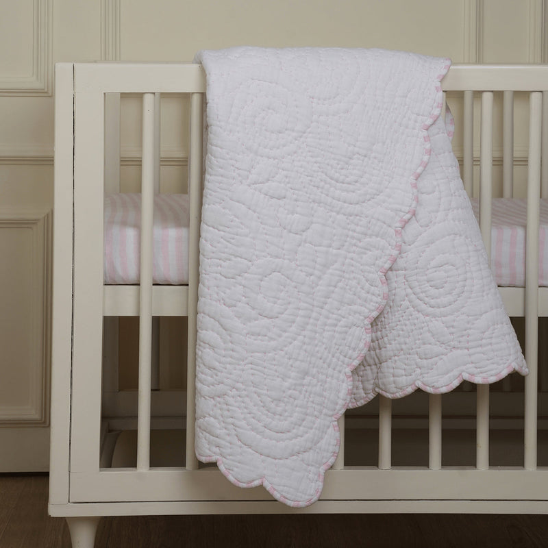 Organic Cotton Baby Bedding Set | Cot Bumper & Sheet | Baby Blanket | Pillow & Bolsters | White & Peach | Set of 6.