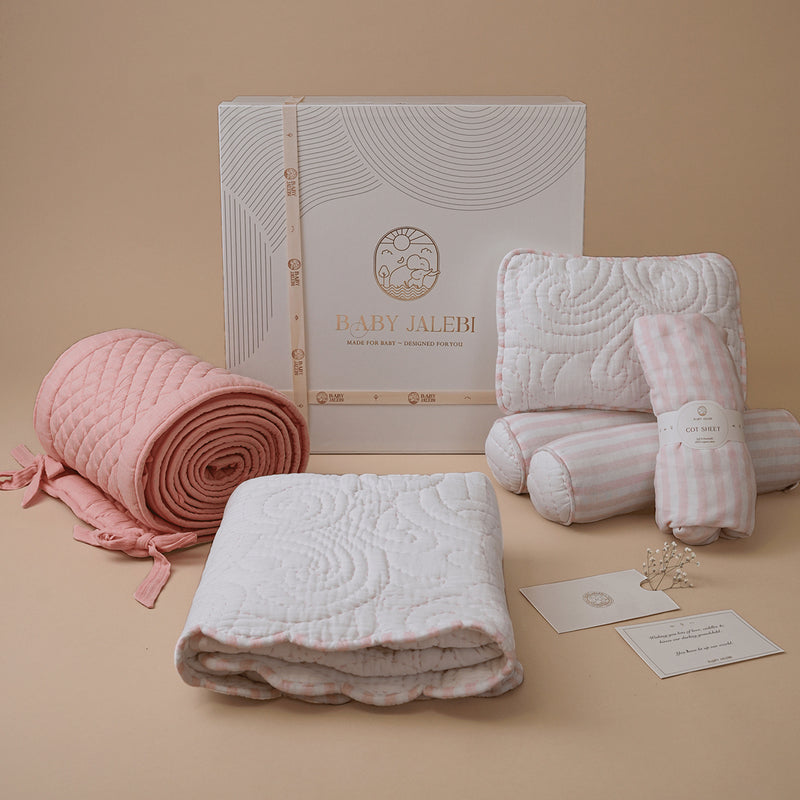 Organic Cotton Baby Bedding Set | Cot Bumper & Sheet | Baby Blanket | Pillow & Bolsters | White & Peach | Set of 6.