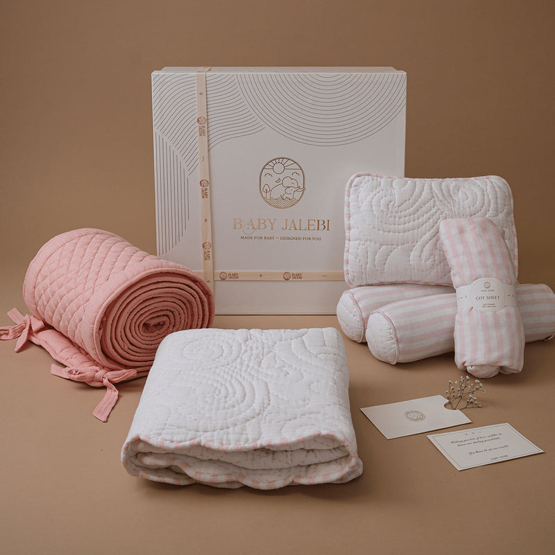 Organic Cotton Baby Bedding Set | Cot Bumper & Sheet | Baby Blanket | Pillow & Bolsters | White & Peach | Set of 6.