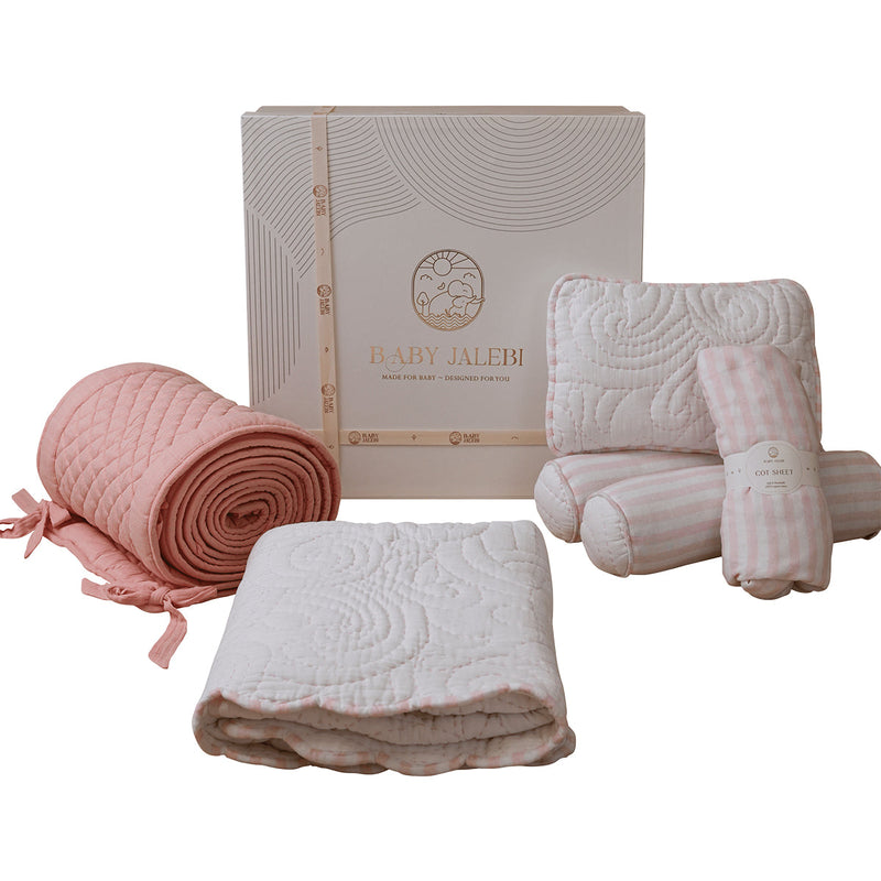 Organic Cotton Baby Bedding Set | Cot Bumper & Sheet | Baby Blanket | Pillow & Bolsters | White & Peach | Set of 6.