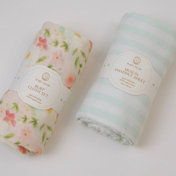 Organic Cotton Baby Swaddle | Floral Design & Striped | Multicolour | 120 x 120 cm | Set of 2.