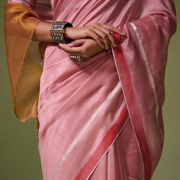 Chanderi Saree with Blouse Fabric | Zari Borders | Rose Pink