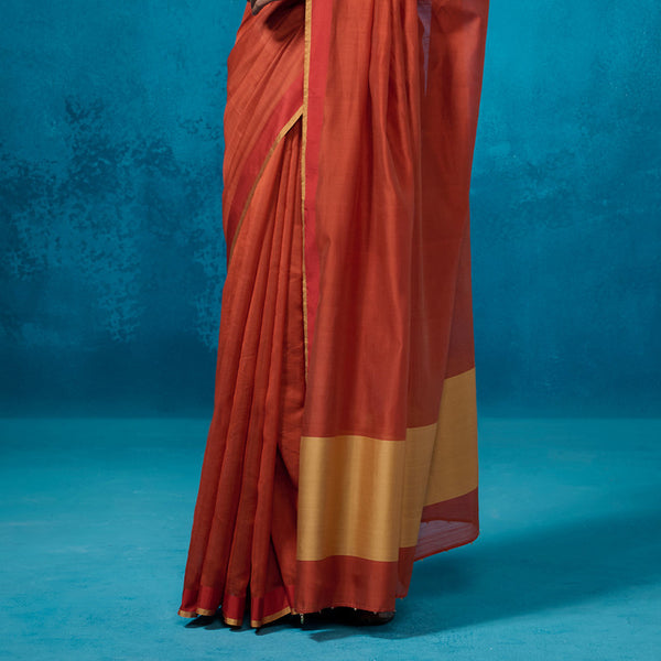 Chanderi Saree with Blouse Fabric | Zari Borders | Rust