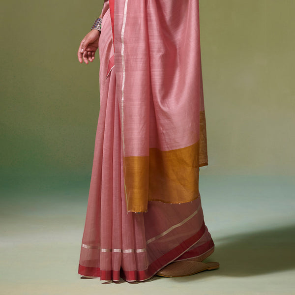 Chanderi Saree with Blouse Fabric | Zari Borders | Rose Pink