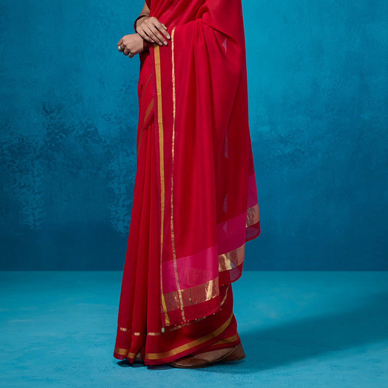 Chanderi Saree with Blouse Fabric | Mustard Silk Border | Red