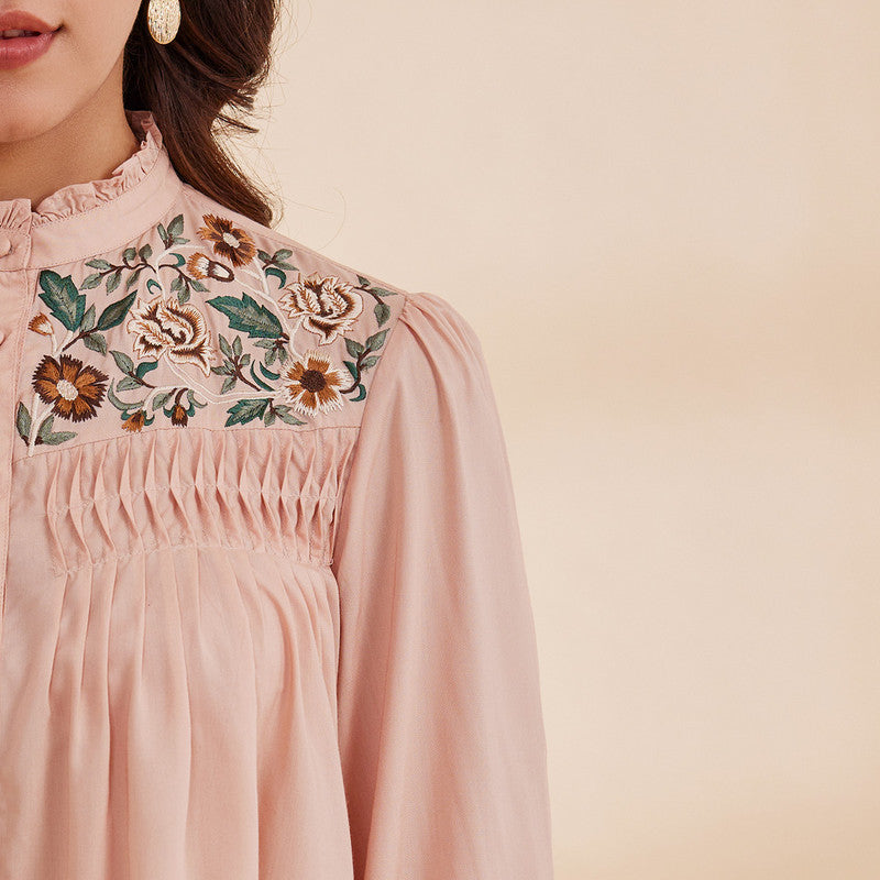 Embroidered Peach Shirt for Women | Bamboo Bemberg | Full Sleeves