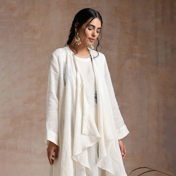Linen Midi Dress with Overlay | Embroidered | Off-White
