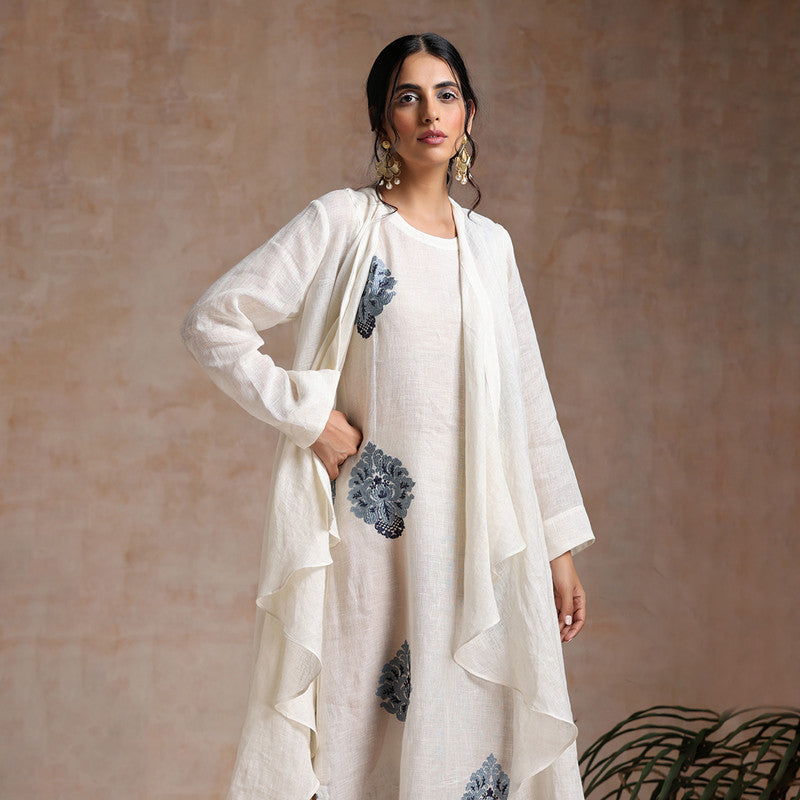 Linen Midi Dress with Overlay | Embroidered | Off-White