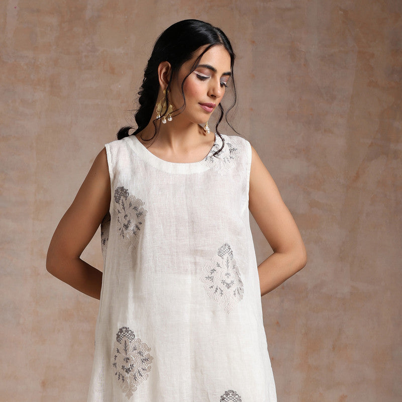 Linen Kurta Set | Embroidered Tunic & Pant | Cream