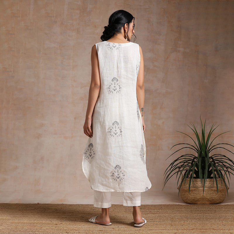 Linen Kurta Set | Embroidered Tunic & Pant | Cream