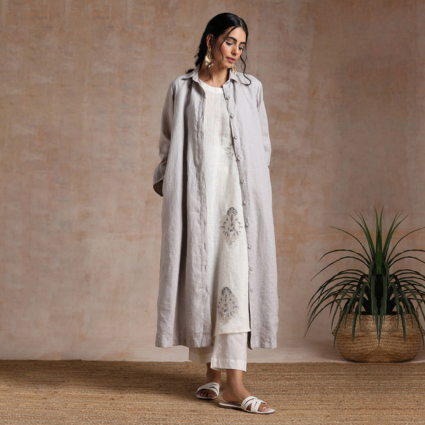 Linen Kurta Set | Embroidered Tunic & Pant | Cream