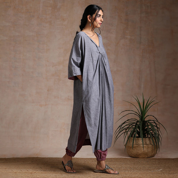 Chambray Cotton Kurta Set | A-Line Kaftan & Pant | Grey