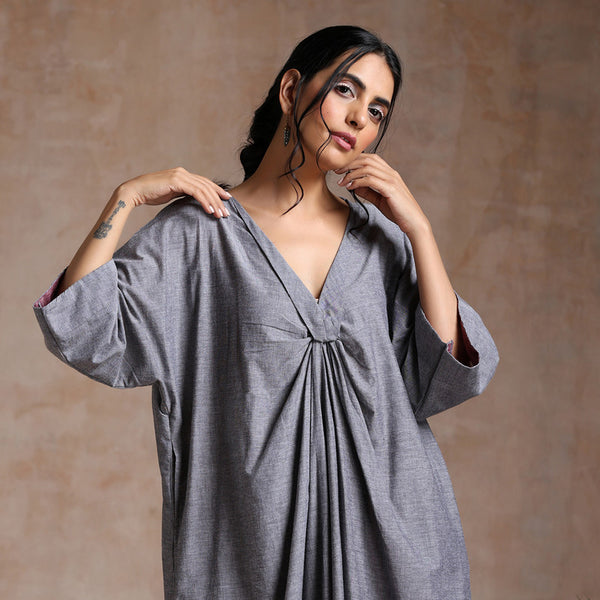 Chambray Cotton Kaftan Dress | A-Line | Grey