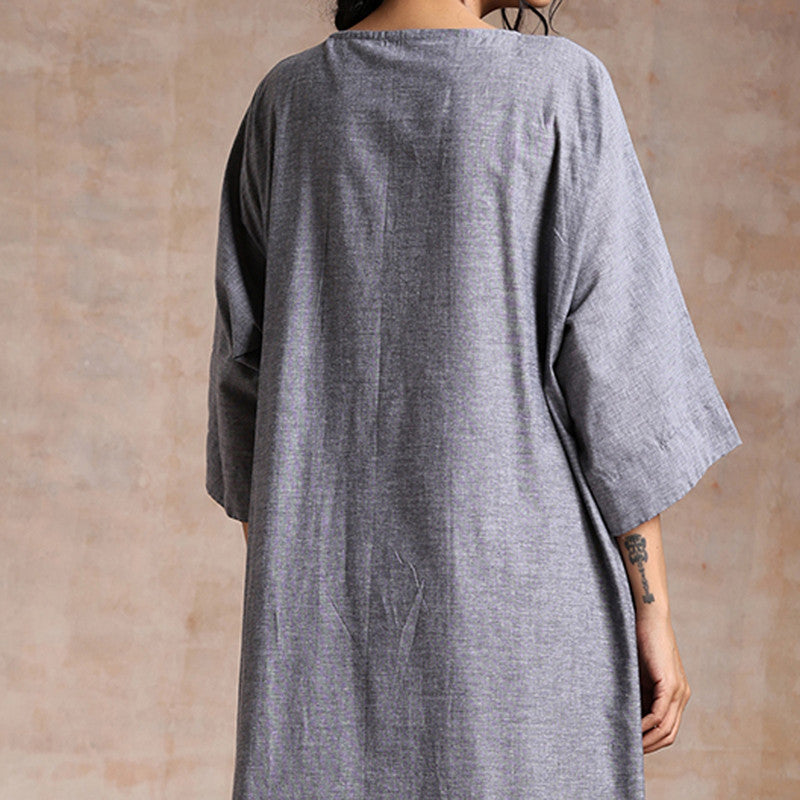 Chambray Cotton Kurta Set | A-Line Kaftan & Pant | Grey