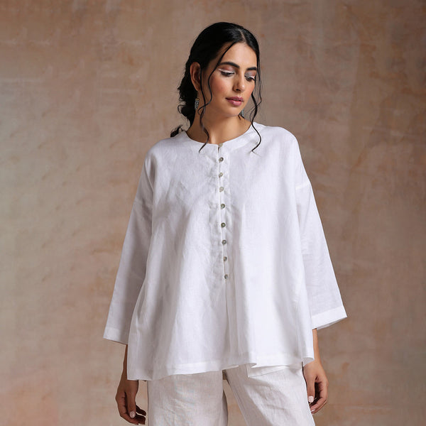 Women Linen Top | Front & Back Button | White