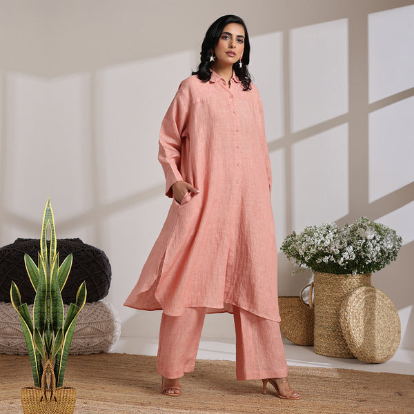 Linen Kurta Set | Long Tunic & Pant | Peach