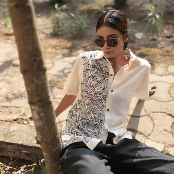 Organic Cotton Shirt for Men & Women | Semi Printed | Half Sleeves | White